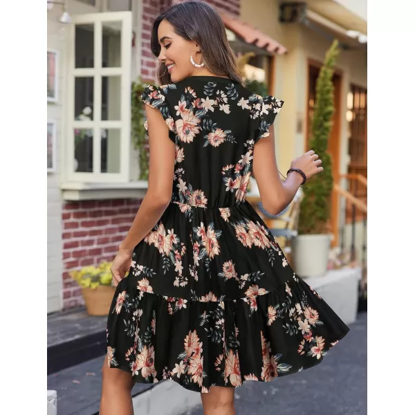 HOTOUCH Women Printed Dress for Summer Short Ruffle Sleeve Dress Tiered Mini Dress with PocketsBlack Flower Print