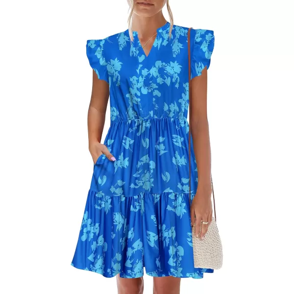 HOTOUCH Women Printed Dress for Summer Short Ruffle Sleeve Dress Tiered Mini Dress with PocketsBlue Flower Print