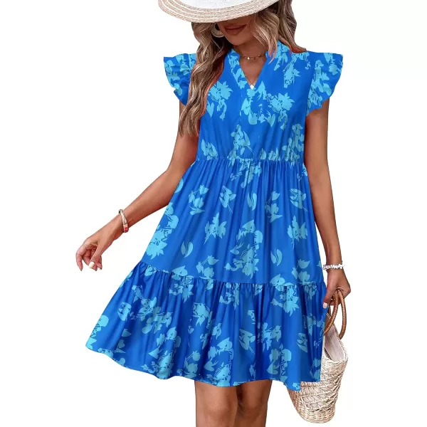 HOTOUCH Women Printed Dress for Summer Short Ruffle Sleeve Dress Tiered Mini Dress with PocketsBlue Flower Print