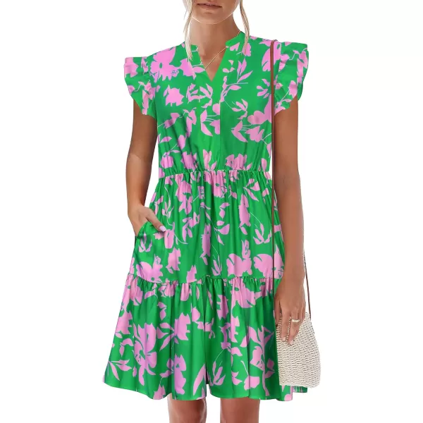 HOTOUCH Women Printed Dress for Summer Short Ruffle Sleeve Dress Tiered Mini Dress with PocketsGreen Flower Print