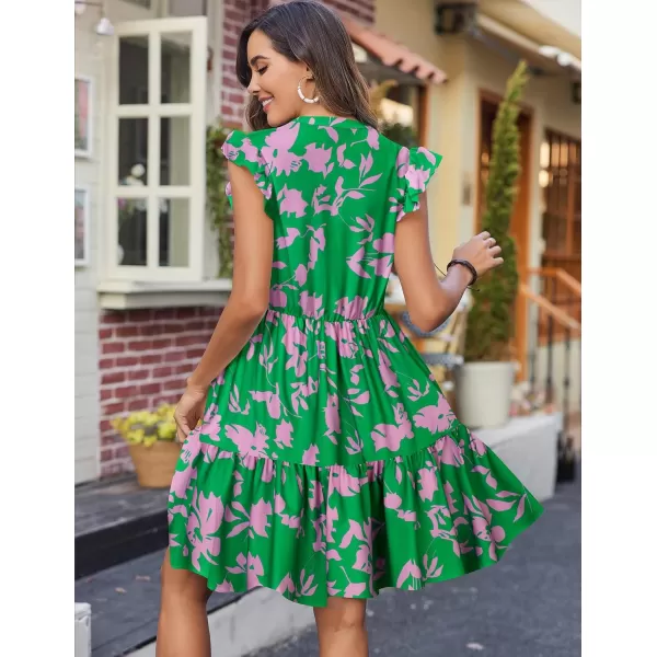 HOTOUCH Women Printed Dress for Summer Short Ruffle Sleeve Dress Tiered Mini Dress with PocketsGreen Flower Print