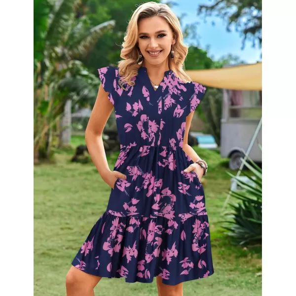 HOTOUCH Women Printed Dress for Summer Short Ruffle Sleeve Dress Tiered Mini Dress with PocketsNavy Flower Print