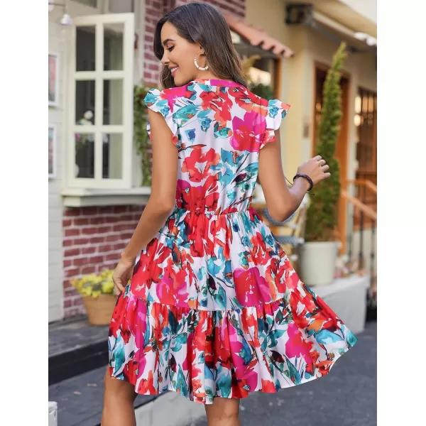 HOTOUCH Women Printed Dress for Summer Short Ruffle Sleeve Dress Tiered Mini Dress with PocketsRed Flower Print