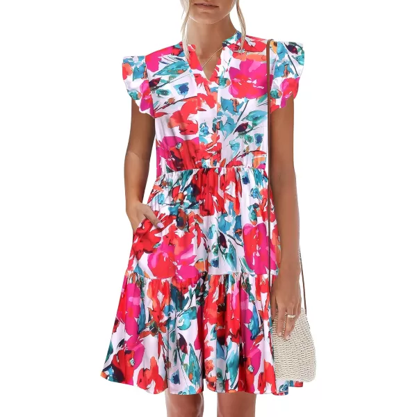 HOTOUCH Women Printed Dress for Summer Short Ruffle Sleeve Dress Tiered Mini Dress with PocketsRed Flower Print