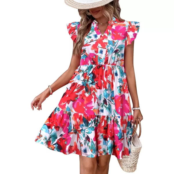 HOTOUCH Women Printed Dress for Summer Short Ruffle Sleeve Dress Tiered Mini Dress with PocketsRed Flower Print