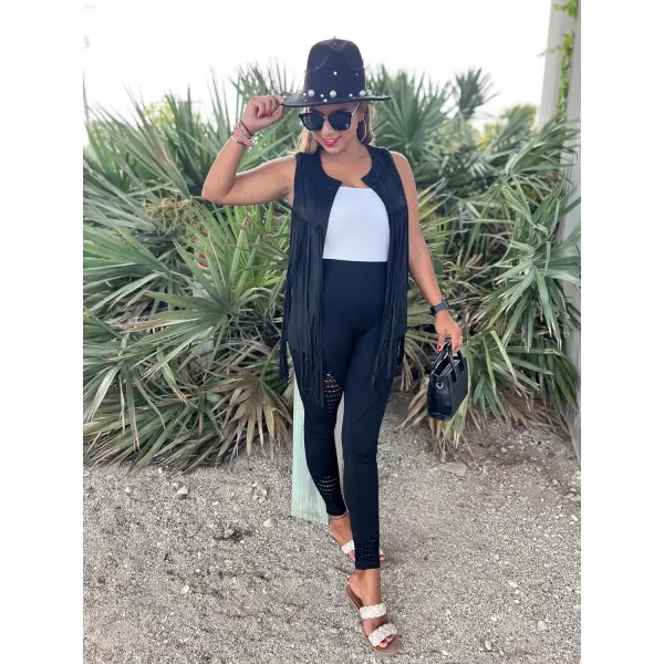 HOTOUCH Women Tassel Vest Fringe Vest 70s Hippie Faux Suede Sleeveless Vest Jacket XSXXXLBblack