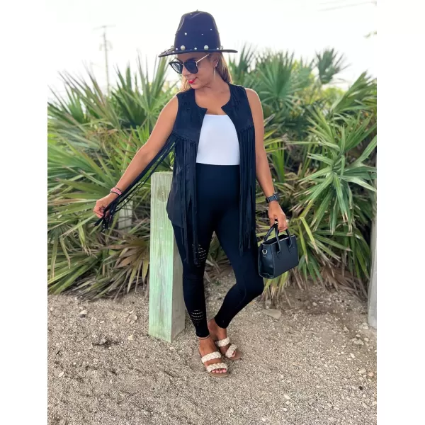 HOTOUCH Women Tassel Vest Fringe Vest 70s Hippie Faux Suede Sleeveless Vest Jacket XSXXXLBblack