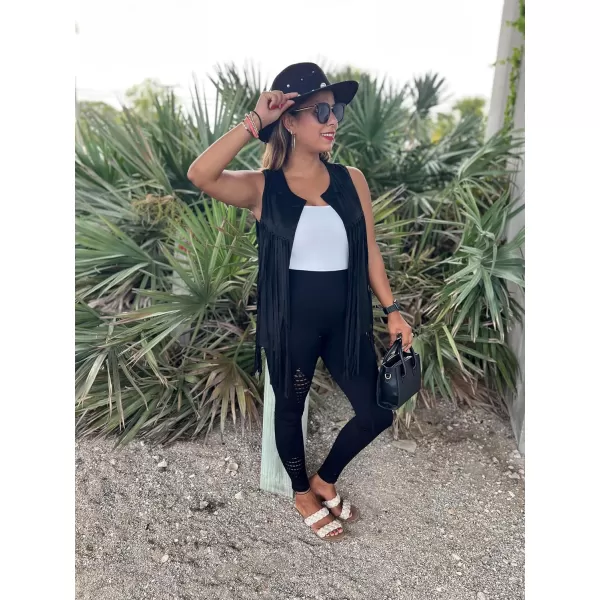 HOTOUCH Women Tassel Vest Fringe Vest 70s Hippie Faux Suede Sleeveless Vest Jacket XSXXXLBblack