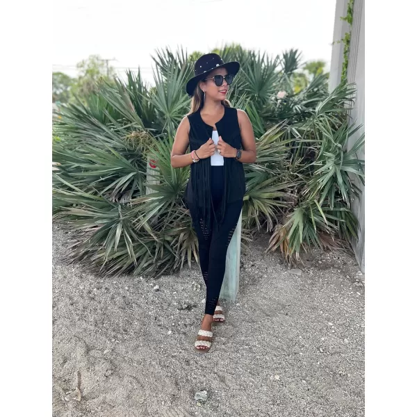 HOTOUCH Women Tassel Vest Fringe Vest 70s Hippie Faux Suede Sleeveless Vest Jacket XSXXXLBblack