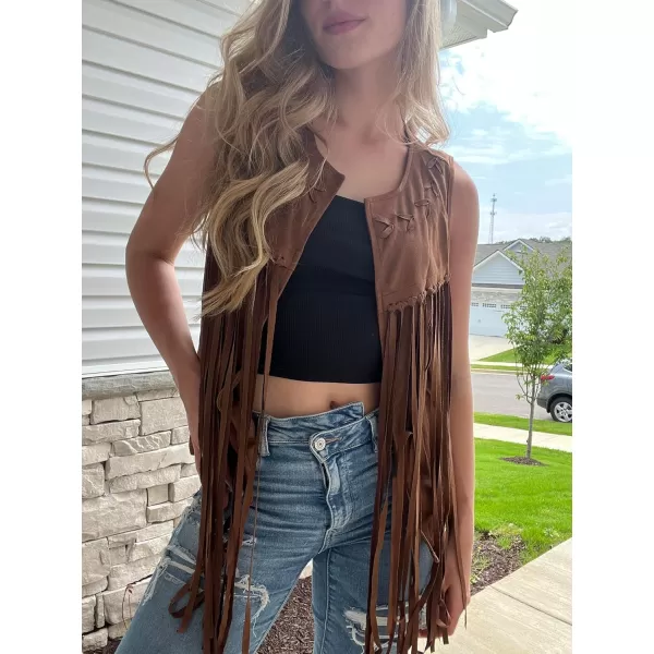 HOTOUCH Women Tassel Vest Fringe Vest 70s Hippie Faux Suede Sleeveless Vest Jacket XSXXXLBbrown