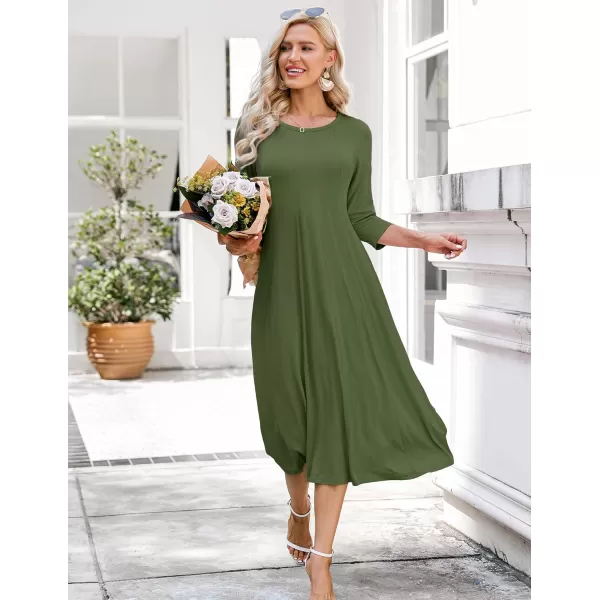 HOTOUCH Womens 34 Sleeve Aline and Flare Midi Long DressArmy Green New