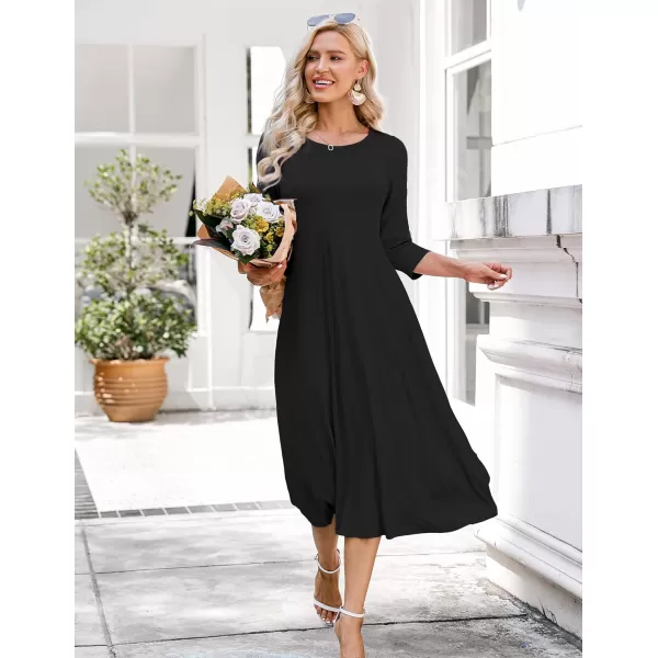 HOTOUCH Womens 34 Sleeve Aline and Flare Midi Long DressBlack