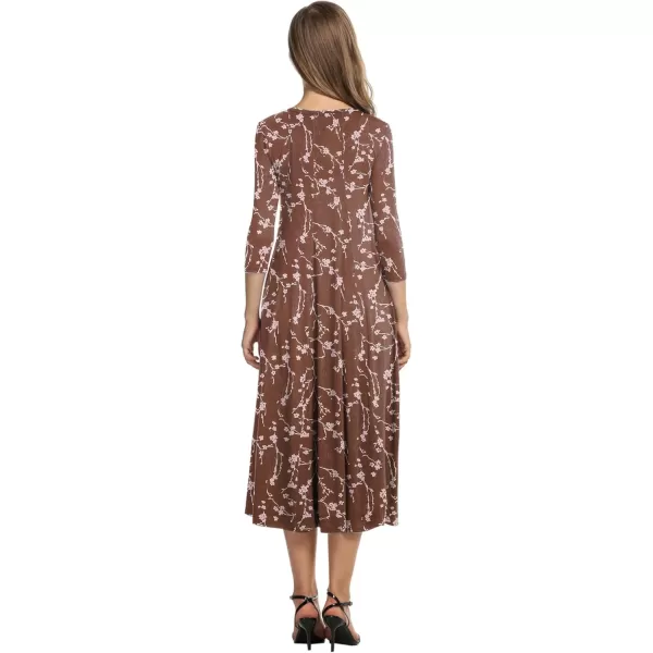 HOTOUCH Womens 34 Sleeve Aline and Flare Midi Long DressBrown Floral
