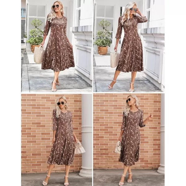 HOTOUCH Womens 34 Sleeve Aline and Flare Midi Long DressBrown Floral