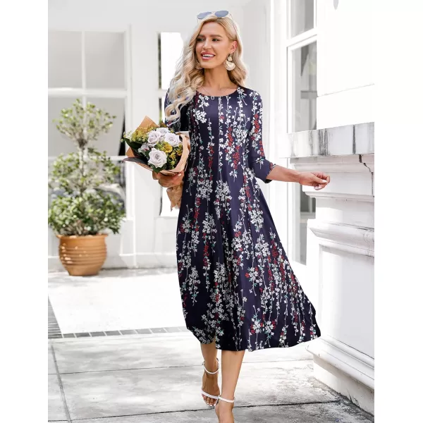 HOTOUCH Womens 34 Sleeve Aline and Flare Midi Long DressFlower Purple