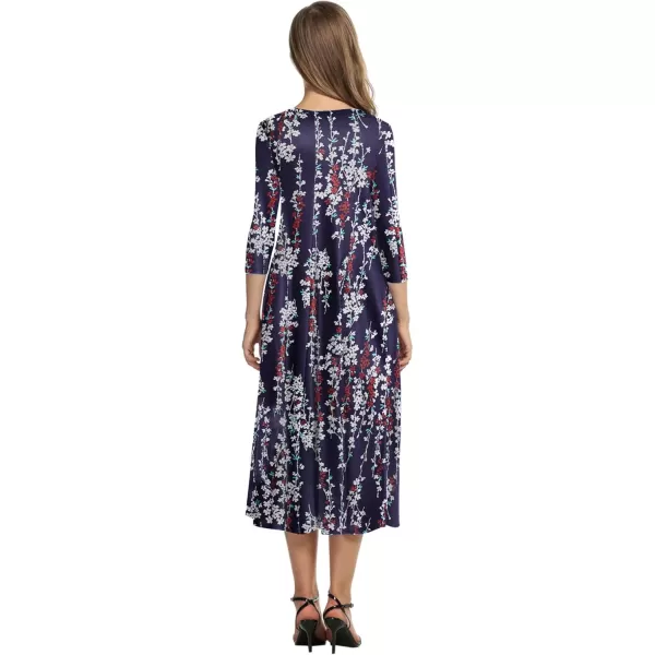 HOTOUCH Womens 34 Sleeve Aline and Flare Midi Long DressFlower Purple