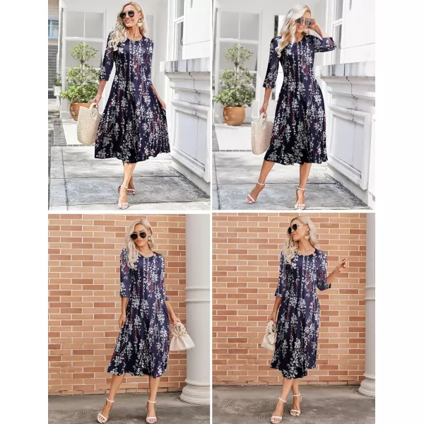HOTOUCH Womens 34 Sleeve Aline and Flare Midi Long DressFlower Purple