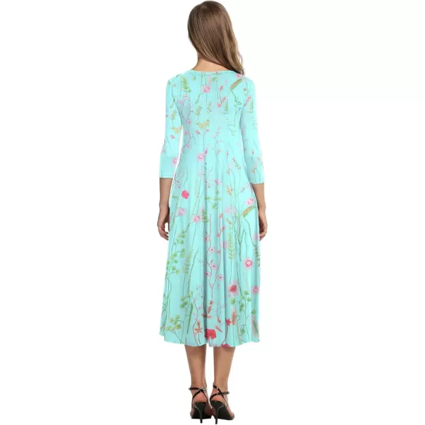 HOTOUCH Womens 34 Sleeve Aline and Flare Midi Long DressMint Floral