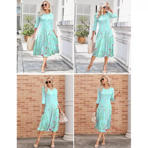 HOTOUCH Womens 34 Sleeve Aline and Flare Midi Long DressMint Floral