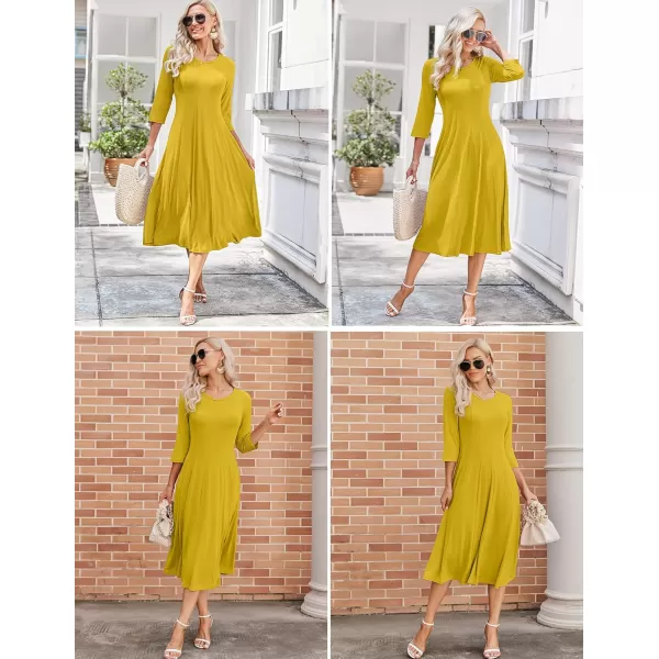 HOTOUCH Womens 34 Sleeve Aline and Flare Midi Long DressMustard Yellow