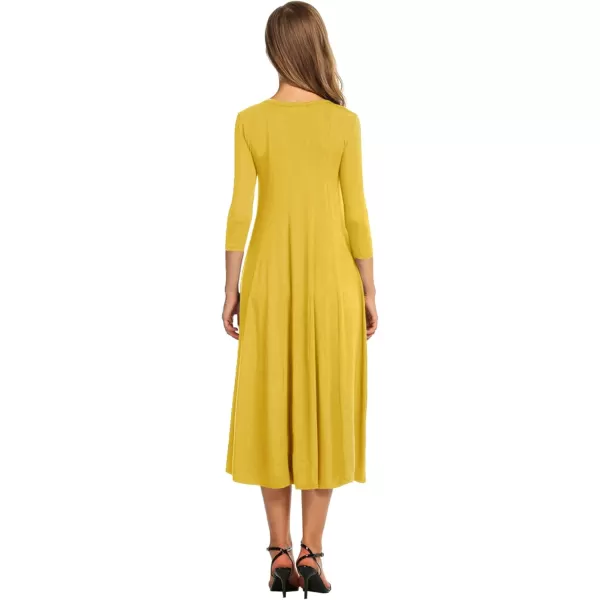 HOTOUCH Womens 34 Sleeve Aline and Flare Midi Long DressMustard Yellow