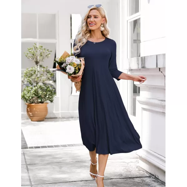 HOTOUCH Womens 34 Sleeve Aline and Flare Midi Long DressNavy Blue