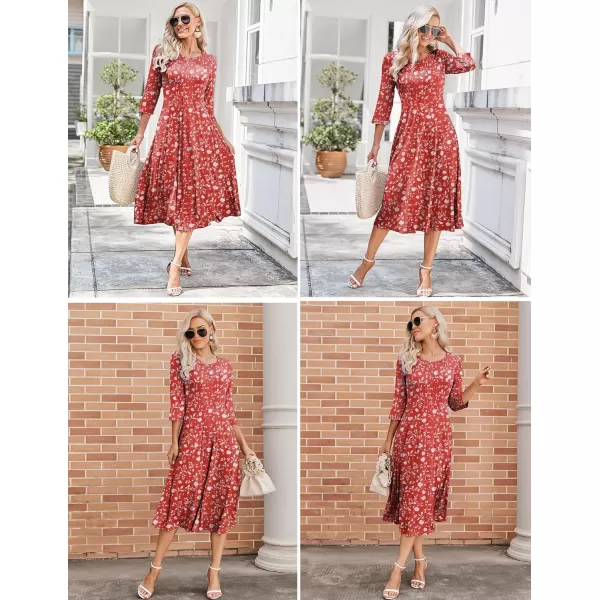 HOTOUCH Womens 34 Sleeve Aline and Flare Midi Long DressRed Floral