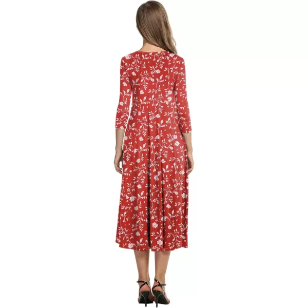 HOTOUCH Womens 34 Sleeve Aline and Flare Midi Long DressRed Floral