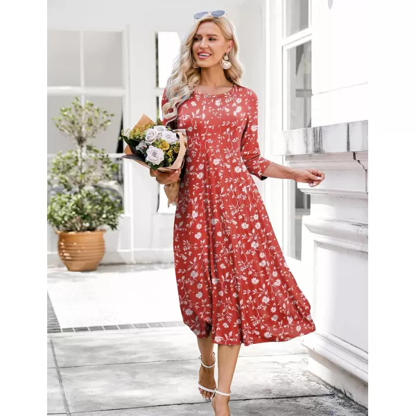 HOTOUCH Womens 34 Sleeve Aline and Flare Midi Long DressRed Floral