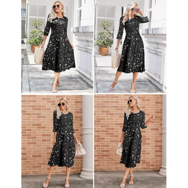 HOTOUCH Womens 34 Sleeve Aline and Flare Midi Long DressStar Black