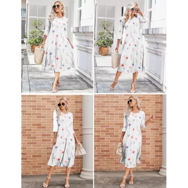 HOTOUCH Womens 34 Sleeve Aline and Flare Midi Long DressWhite Floral
