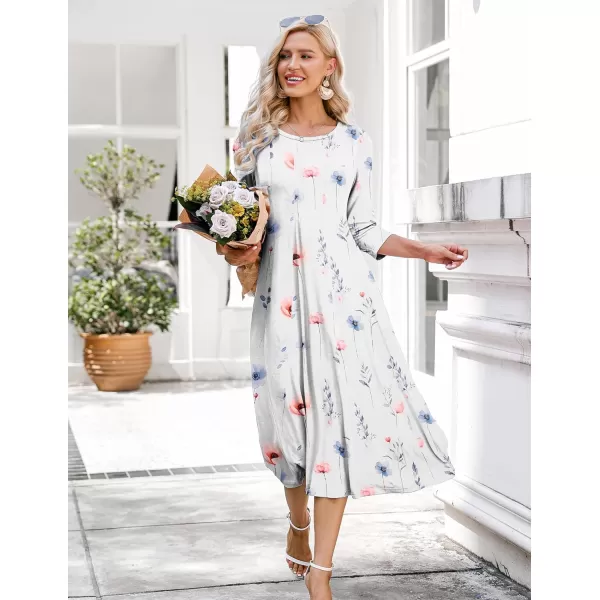 HOTOUCH Womens 34 Sleeve Aline and Flare Midi Long DressWhite Floral
