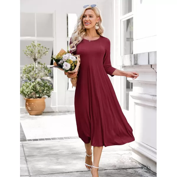 HOTOUCH Womens 34 Sleeve Aline and Flare Midi Long DressWine Red