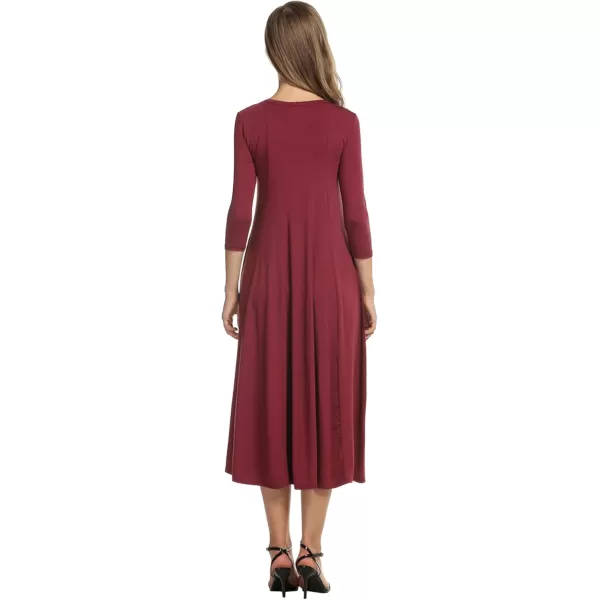 HOTOUCH Womens 34 Sleeve Aline and Flare Midi Long DressWine Red