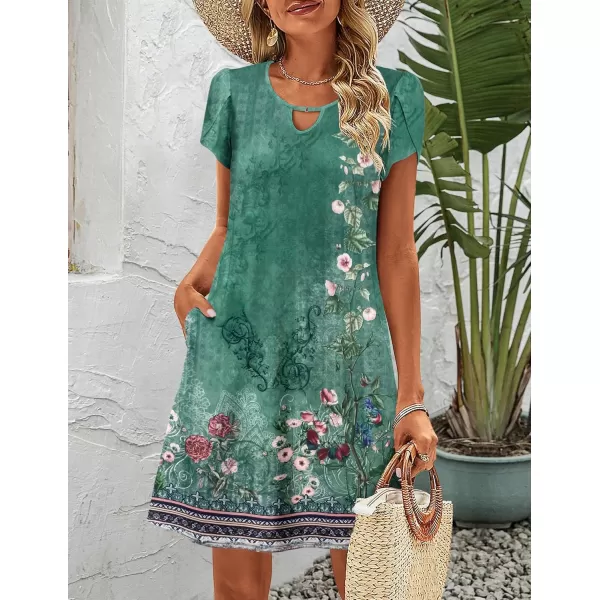 HOTOUCH Womens Casual ALine Dress with Pockets Summer Beach Floral Tshirt Dress Short Sleeve Mini Dress Flowy SundressesAagreen Printed