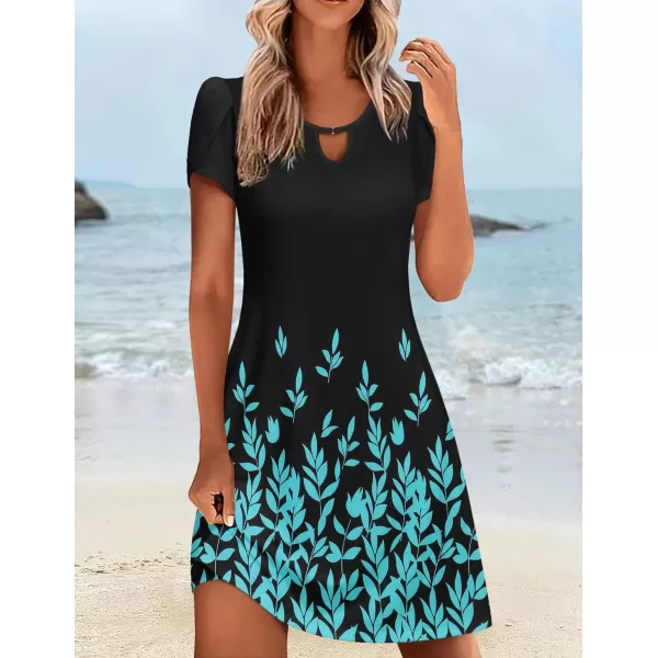 HOTOUCH Womens Casual ALine Dress with Pockets Summer Beach Floral Tshirt Dress Short Sleeve Mini Dress Flowy SundressesBlack Blue Printed