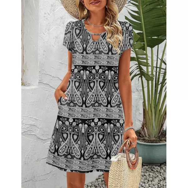 HOTOUCH Womens Casual ALine Dress with Pockets Summer Beach Floral Tshirt Dress Short Sleeve Mini Dress Flowy SundressesBlack1 Printed