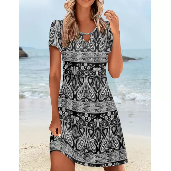 HOTOUCH Womens Casual ALine Dress with Pockets Summer Beach Floral Tshirt Dress Short Sleeve Mini Dress Flowy SundressesBlack1 Printed