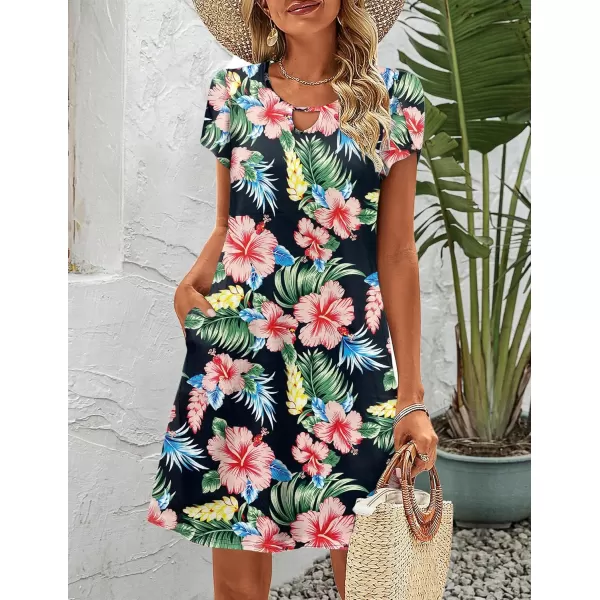 HOTOUCH Womens Casual ALine Dress with Pockets Summer Beach Floral Tshirt Dress Short Sleeve Mini Dress Flowy SundressesBlackpinkprint