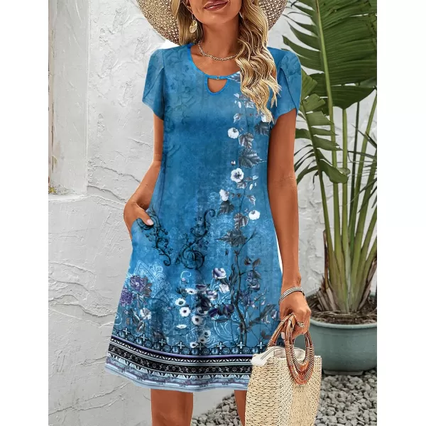 HOTOUCH Womens Casual ALine Dress with Pockets Summer Beach Floral Tshirt Dress Short Sleeve Mini Dress Flowy SundressesBlue Floral02