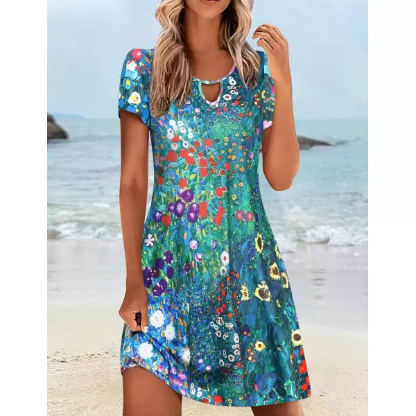 HOTOUCH Womens Casual ALine Dress with Pockets Summer Beach Floral Tshirt Dress Short Sleeve Mini Dress Flowy SundressesBluefloral