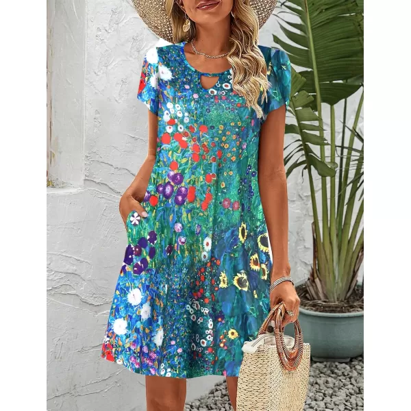 HOTOUCH Womens Casual ALine Dress with Pockets Summer Beach Floral Tshirt Dress Short Sleeve Mini Dress Flowy SundressesBluefloral