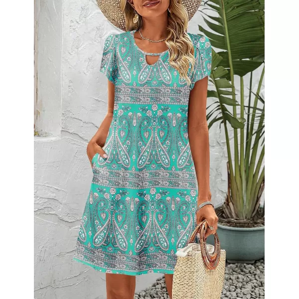 HOTOUCH Womens Casual ALine Dress with Pockets Summer Beach Floral Tshirt Dress Short Sleeve Mini Dress Flowy SundressesBohemian Green