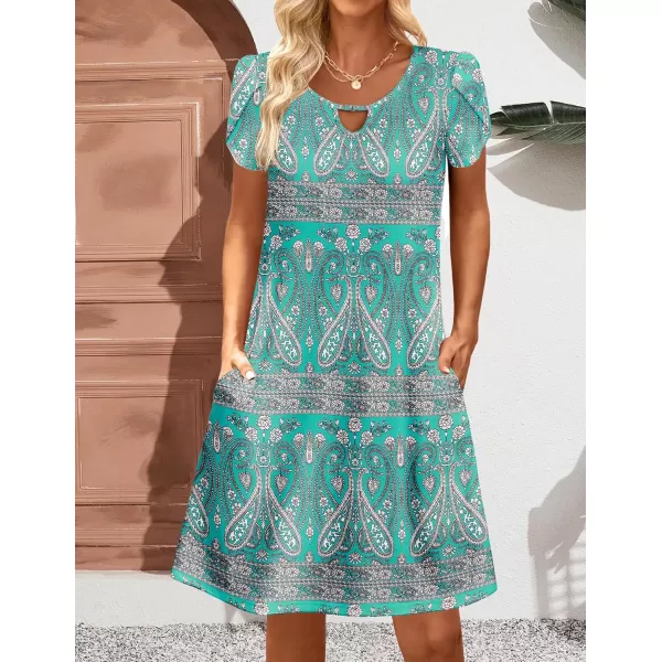 HOTOUCH Womens Casual ALine Dress with Pockets Summer Beach Floral Tshirt Dress Short Sleeve Mini Dress Flowy SundressesBohemian Green