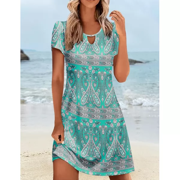 HOTOUCH Womens Casual ALine Dress with Pockets Summer Beach Floral Tshirt Dress Short Sleeve Mini Dress Flowy SundressesBohemian Green
