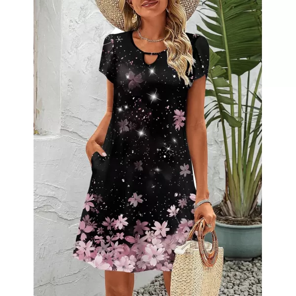 HOTOUCH Womens Casual ALine Dress with Pockets Summer Beach Floral Tshirt Dress Short Sleeve Mini Dress Flowy SundressesDarkpinkfloral