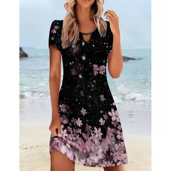 HOTOUCH Womens Casual ALine Dress with Pockets Summer Beach Floral Tshirt Dress Short Sleeve Mini Dress Flowy SundressesDarkpinkfloral