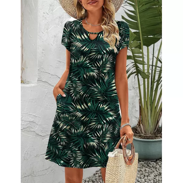 HOTOUCH Womens Casual ALine Dress with Pockets Summer Beach Floral Tshirt Dress Short Sleeve Mini Dress Flowy SundressesGreenleaf Printed