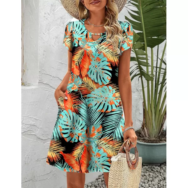 HOTOUCH Womens Casual ALine Dress with Pockets Summer Beach Floral Tshirt Dress Short Sleeve Mini Dress Flowy SundressesLeaf Printed