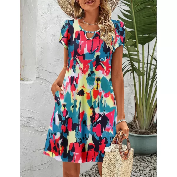 HOTOUCH Womens Casual ALine Dress with Pockets Summer Beach Floral Tshirt Dress Short Sleeve Mini Dress Flowy SundressesMulticolor